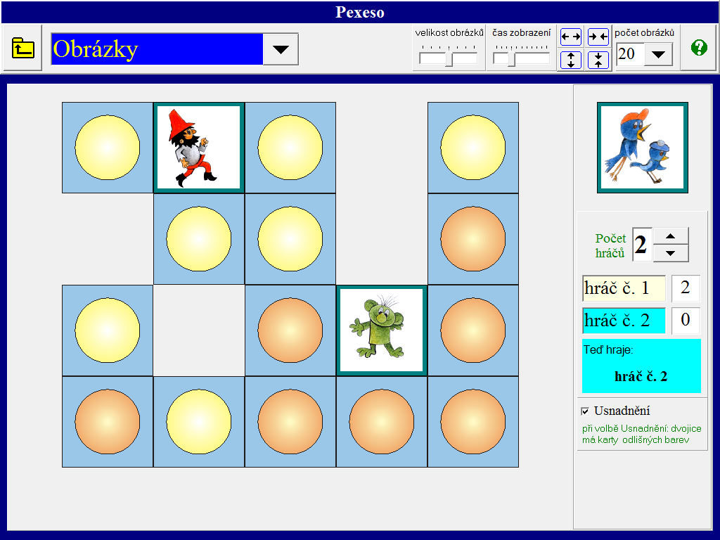 8.4 Pexeso Dítě klikáním vyhledává dvojice, které k sobě patří. Obtížnost je nastavitelná tím, že můžeme zvolit počet obrázků na ploše a dobu jejich zobrazení.