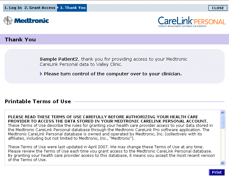 V závislosti na nastavení jazyka a oblasti, které pacient zadal p i registraci, se zobrazí stránka pro ud lení p ístupu. 6 Pacient provede následující kroky: a. P e te si podmínky používání. b.