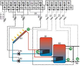 Obr.3 Systému 12: 1 kolektor pole - 2 zásobníky - Inteligentní ovládání čerpadel Popis funkce: při přechodu-na teplotě Rozdíl mezi kolektorem pole A1 (T1) a jeden ze dvou skladování tanky B1, B2 (T2,