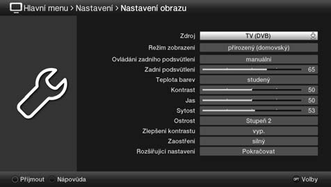 Základní ovládání > Tlačítky se šipkami nahoru/dolů nyní označte záznam Nastavení obrazu. > Jakmile následně stisknete tlačítko OK, otevře se nabídka Nastavení obrazu.