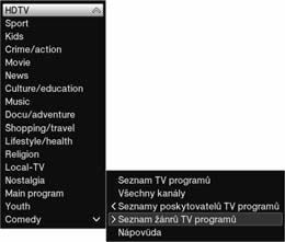 Ovládání 7.2.3.2 Výběr seznamů Přístroj je vybaven různými seznamy programů pro usnadnění vyhledávání programů.