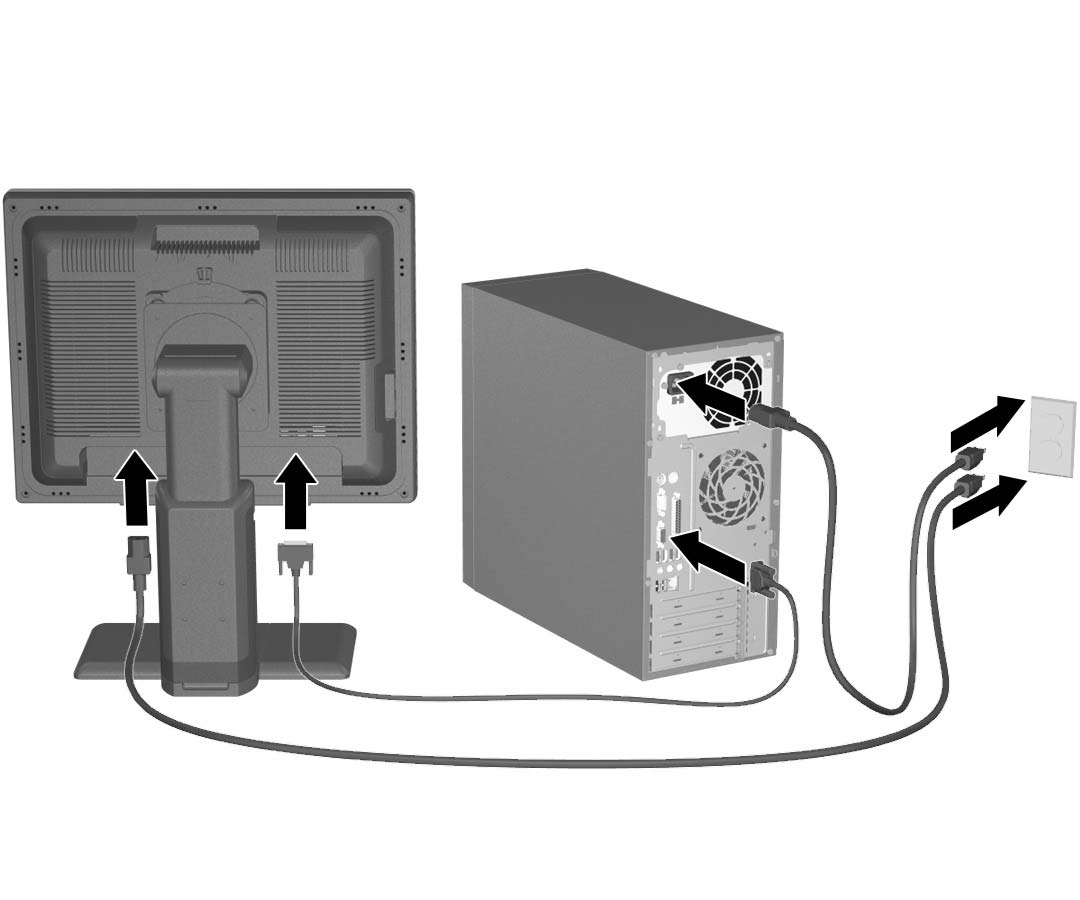 Rychlá instalace Krok 5: P ipojení napájecích kabel Podle obrázku připojte napájecí kabely a kabel monitoru. Zapněte monitor a potom počítač.