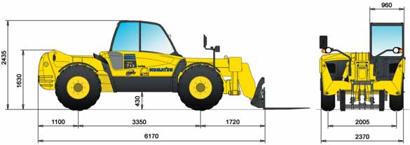 Zátěžový diagram a rozměry stroje Na stabilizátorech Na pneumatikách s uzávěrou výkyvu zadní nápravy Výška (m)