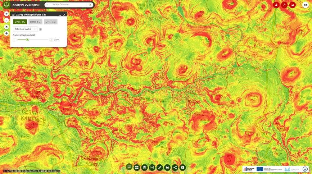 ANALÝZY VÝŠKOPISU Analytické funkce mapové aplikace zajišťují IMAGE a GEOPROCESSINGOVÉ SLUŽBY, které umožňují provádět dynamické prostorové analýzy nad zdrojovými daty přímo na serveru.