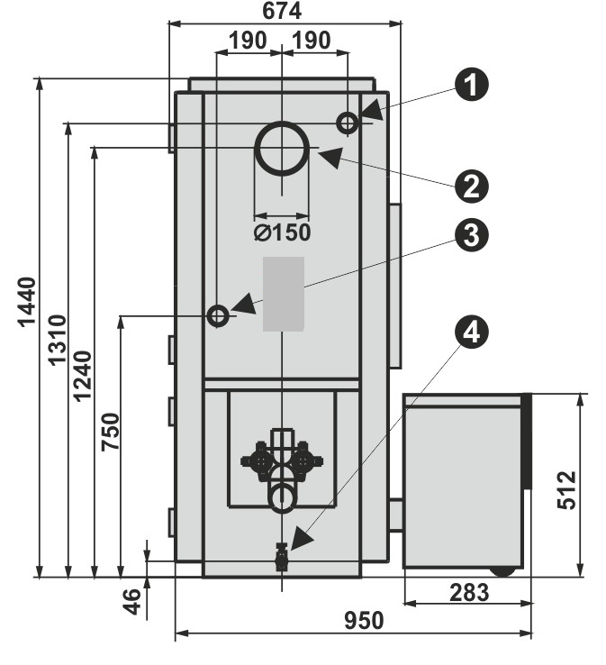 PŘIPOJOVCÍ ROZMĚRY KOTLE VERNER 302 Legenda: VERNER 302 1 Výstup topné vody G 1 1/2" 2 Kouřovod Ø 150mm 3 Vstup vratné vody G 1 1/2" 4 Vypouštěcí kohout G 1/2" POZN.