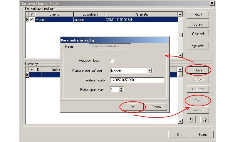 V části Ústředny vyberte volbu Nová. Vyberte komunikační rozhraní, zadejte telefonní číslo modemu u ústředny a uložte nastavení (tlačítko OK). Proveďte Test spojení (tlačítko Test).