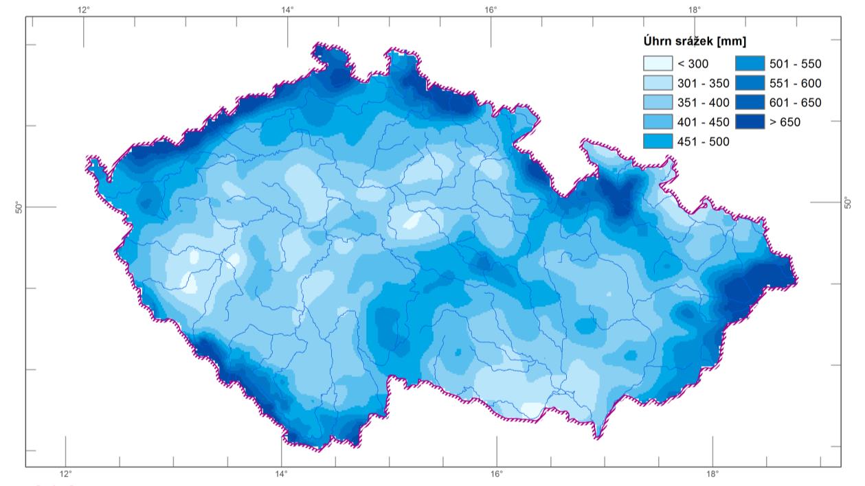 2.3.1 Vyhodnocení srážkových a teplotních charakteristik Snížený srážkový úhrn a zvýšená teplota vzduchu způsobily sucho v ČR. Obrázky 2.3.1.1 a 2.3.1.2 prezentují rozložení těchto charakteristik za rok 2015 na území ČR.