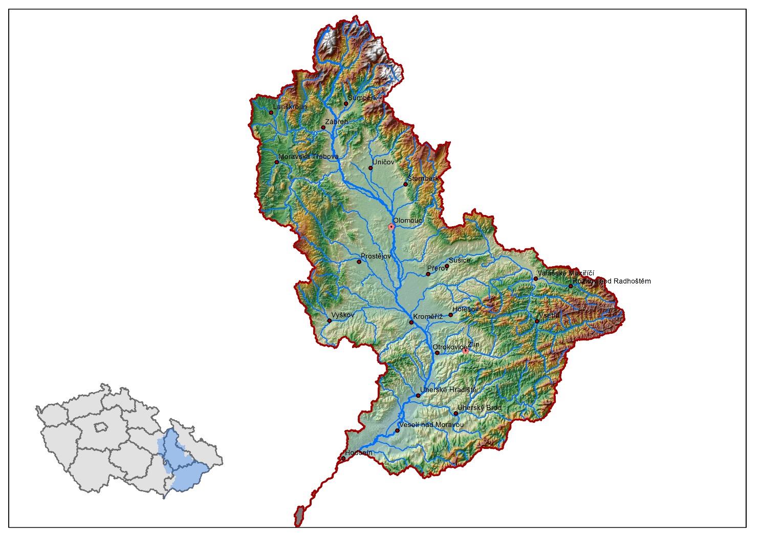 14.4.1.7 Plán oblasti povodí Moravy Charakteristika oblasti povodí Obrázek 14.4.1.7.1 Přehledová mapa oblasti povodí Moravy Oblast povodí Moravy je co do velikosti na čtvrtém místě z osmi oblastí povodí na území ČR.