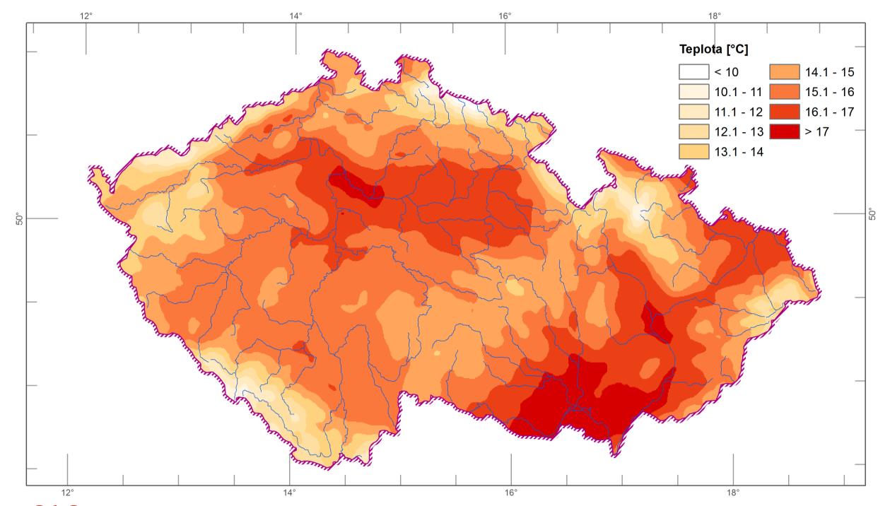 Obrázek 2.3.1.2 Rozložení průměrné roční teploty vzduchu na území České republiky v roce 2015 Pramen: ČHMÚ Graf 2.3.1.2 Průběh průměrných měsíčních teplot na území České republiky v období od ledna 2014 do prosince 2015 Pramen: ČHMÚ Pozn.