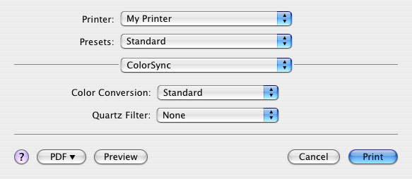 ColorSync Konverze barev Pro tento model tiskárny je Konverzi barev možno nastavit pouze Standardní.