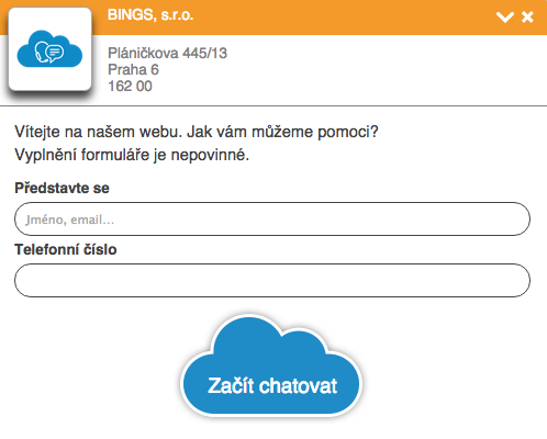 Vstup do chatu Detail: Otevřený chat Jak jméno, tak i telefonní číslo jsou údaje nepovinné. Po kliknutí na mráček se klient připojí k operátorovi. 3.