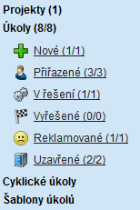 54 HelpDesk 2016 7.2. Zobrazení a práce s úkoly 7.2.1. Levé menu Hlavním kritériem, podle kterého se úkoly třídí, jsou statusy.