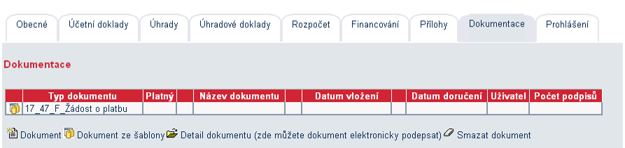 Pozn.: Každý účetní doklad musí být doložen přílohou Kopie účetního dokladu a každý úhradový doklad musí být doložen přílohou Kopie úhradové dokladu.