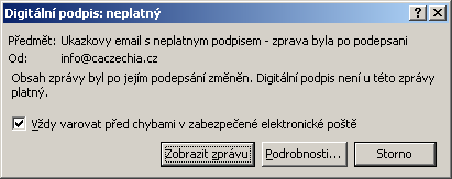 4.3.3 Použití certifikátu v e-mailové komunikaci Společnost CA Czechia umožňuje vyzkoušení využití certifikátů zasláním několika různých zkušebních e-mailů na adresu uživatele.