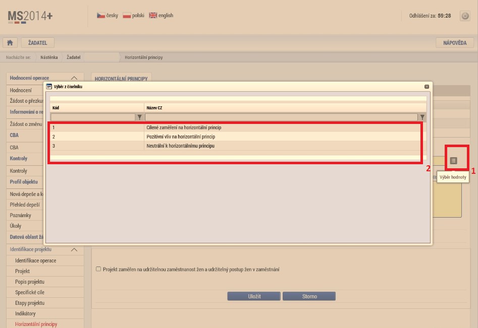 Horizontální principy V tomto formuláři se vyplní typ horizontálního principu. Editovatelné pole se zpřístupní po označení konkrétního typu horizontálního principu.