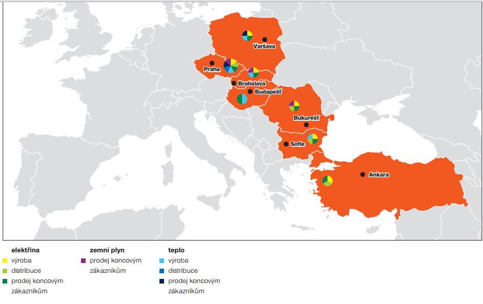 Obrázek 6: Působení Skupiny ČEZ v energetice podle teritoria Zdroj: [31] V Polsku provozuje Skupina ČEZ dvě černouhelné a dvě vodní elektrárny poblíž státní hranice s Českou republikou a vlastní