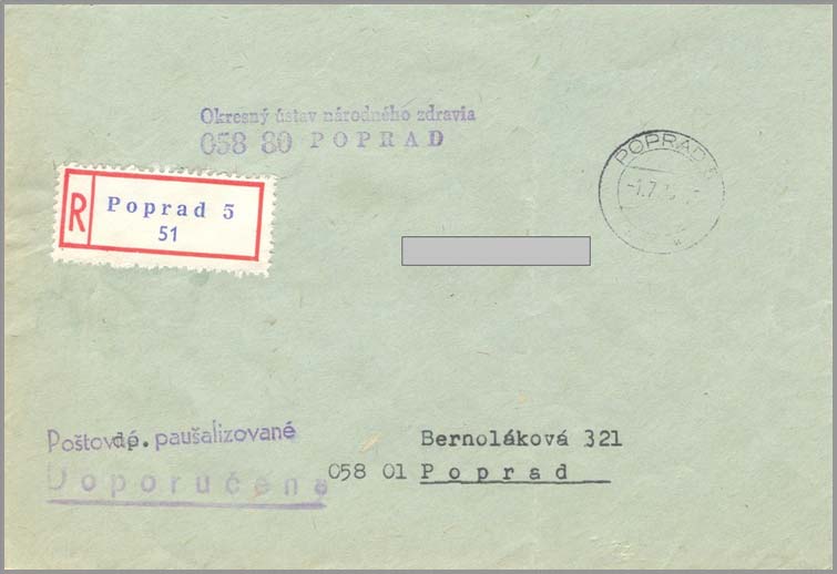 Dátum: 1. júl 1976 Odosielateľ: Okresný ústav národného zdravia, POPRAD Pečiatka IV.