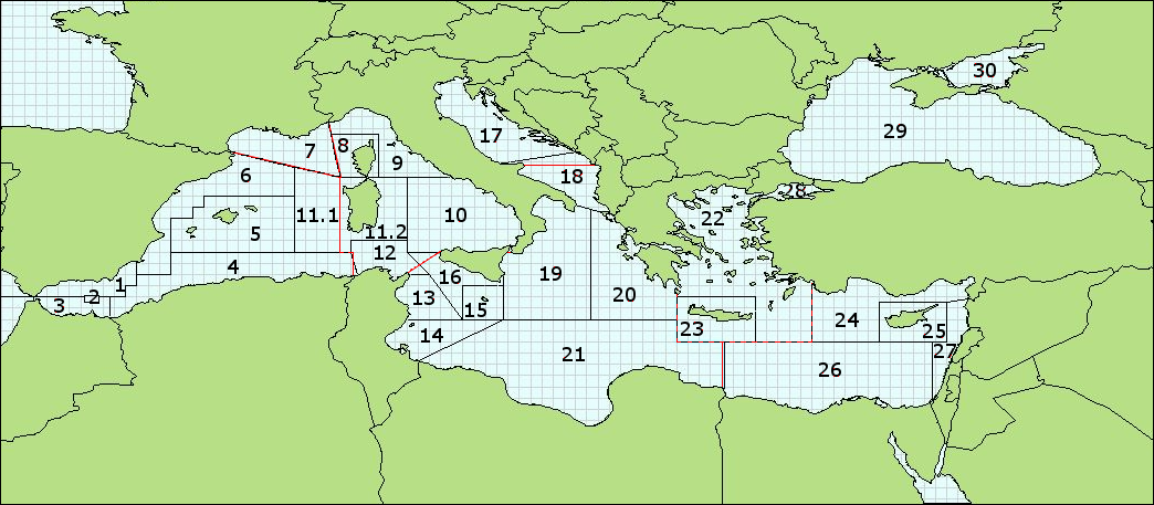 B) Mapa zeměpisných podoblastí GFCM