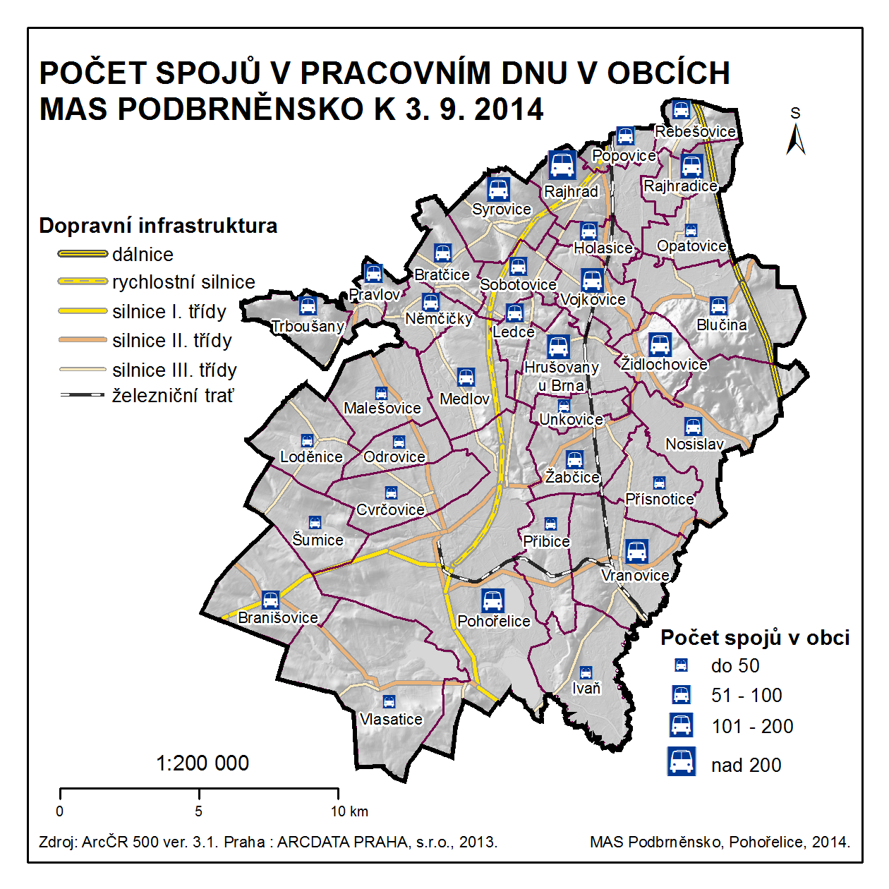 Vůbec největší počet spojů (284) lze pozorovat v obci Rajhrad, která leží v bezprostřední blízkosti Brna a průmyslové zóny v Modřicích a je rovněž obsluhována vlakovou dopravou.