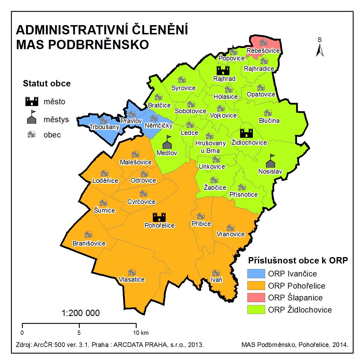 Obr. 3: Administrativní členění MAS Podbrněnsko Vzhledem k tomu, že je území MAS poměrně diferencované, bylo na základě územní příslušnosti, funkčních vazeb a