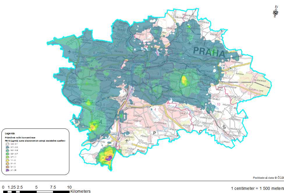 Obrázek 60: Příspěvek vyjmenovaných zdrojů k průměrné roční koncentraci PM10 po aplikaci opatření navržených PZKO, aglomerace CZ01 Praha F.