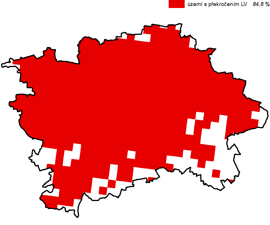 Obrázek 9: Území s překročením imisních limitů, aglomerace CZ01 Praha, 2008-2012 Zdroj dat: ČHMÚ Pomocí podrobnější analýzy lze konstatovat, že na vymezení oblastí s překročením imisních limitů se