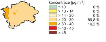 Obrázek 12: Srovnání zprůměrovaných hodnot průměrné roční koncentrace PM10 pro dopravní a pozaďové stanice, aglomerace CZ01 Praha, 2003 2012 Zdroj dat: ČHMÚ Dle prostorového zobrazení měřených