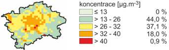 Obrázek 25: Srovnání zprůměrovaných hodnot průměrné roční koncentrace NO2 pro dopravní a pozaďové stanice, aglomerace Praha, 2003 2012 Zdroj dat: ČHMÚ Jelikož dopravní lokality mají nejnižší