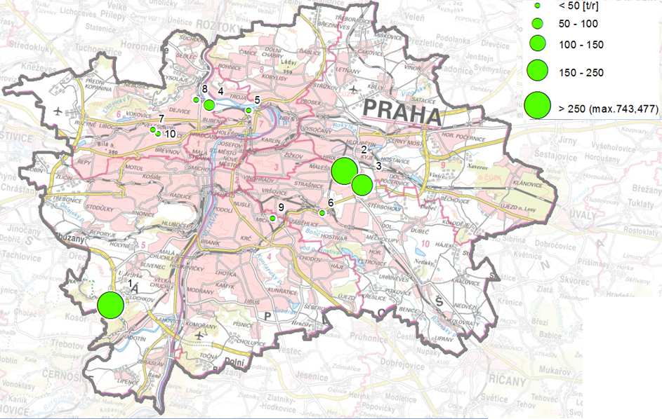 Obrázek 47: Provozovny vyjmenovaných zdrojů s nejvyššími emisemi NOx, stav roku 2011, aglomerace CZ01 Praha Zdroj dat: ČHMÚ C.6.