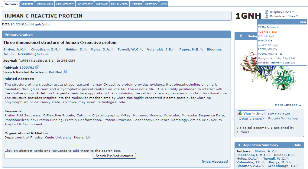 Protein Data Bank (PDB) stáhnutí struktury ve