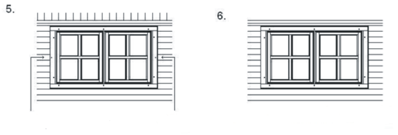 4.10. Okna: Okna se instalují stejným způsobem jako dveře: Položte si okenní rám a čtyři lišty na stabilní plochu.