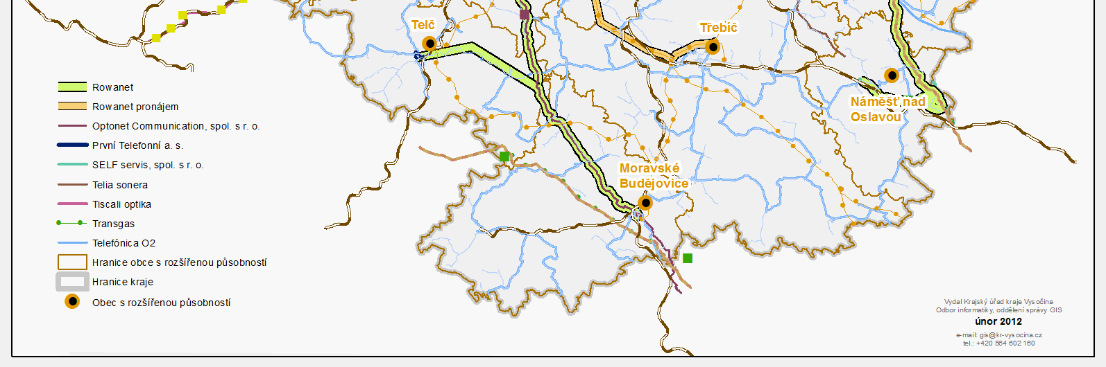 Pramen: Krajský úřad Kraje Vysočina, OI Mezi nejvýznamnější vlastníky telekomunikačních tras v regionu Kraje Vysočina patří O, Optonet, Selfservis, První Telefonní, Pragonet, TeliaSonera, ČS