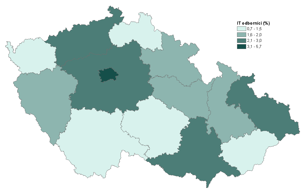 V absolutních hodnotách se jednalo téměř o 38 tisíc osob zaměstnaných jako IT odborníci. V absolutních hodnotách následovaly za Prahou kraje Moravskoslezský (4,5 tis.), Jihomoravský (3,3 tis.