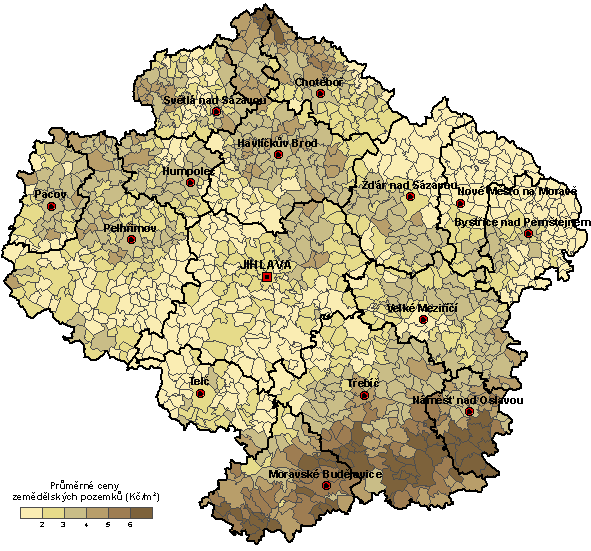 Obr. 6.4.5: Průměrné základní ceny zemědělských pozemků (Kč/m ) dle katastrálních území Kraje Vysočina k.. 0 Pozd.: Ve znění pozdějších úprav zákona Zdroj dat: Vyhláška 4/008 Sb.