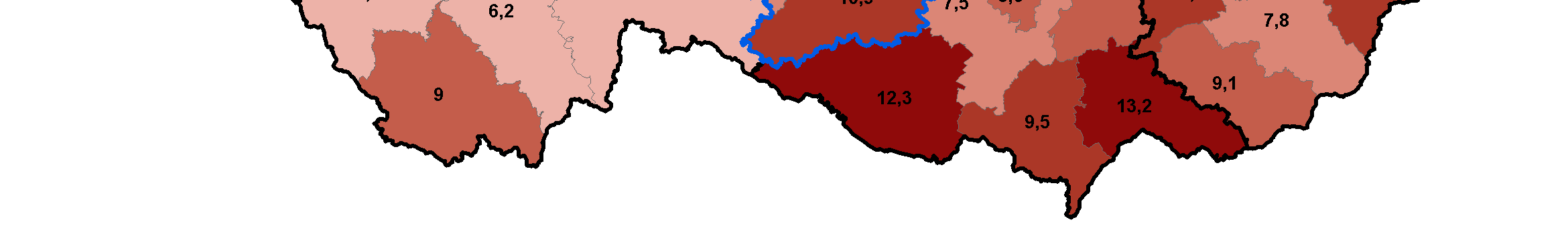 Obr. 7.9: Míra registrované nezaměstnanosti v okresech ČR k 3.