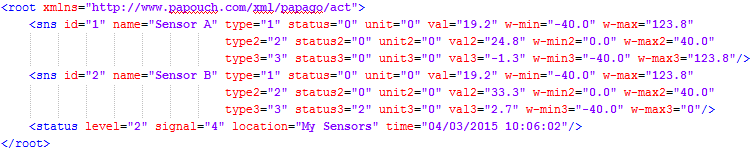PAPAGO 2TH XML Ze zařízení je možné získat právě naměřené hodnoty, nastavené meze a název zařízení v textovém souboru ve formátu XML. Soubor je přístupný na adrese http://[ip-adresa]/fresh.
