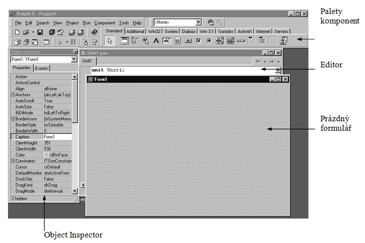 Topic: základní obrazovka Po spuštění Delphi se objeví základní nástroje integrovaného vývojového prostředí.