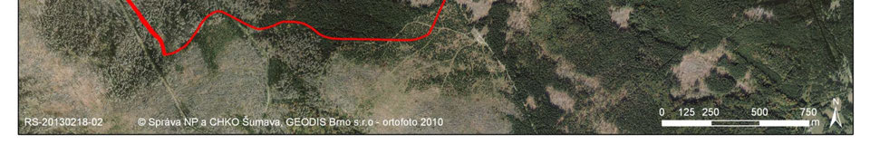 Identický obrys 280 ha lokality Na Ztraceném přenesen do prostředí jezera Laka, snímek z roku 2010.
