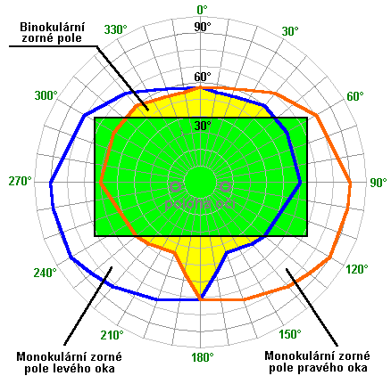 zvětšíme využití binokulárního zorného pole (obr.36b) na 79 % s tím, že ztracené obrazové informace (tedy ty, které byly přesunuty mimo binokulární zorné pole do sféry tzv.