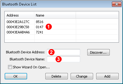 Adresa zařízení Bluetooth 2. Otevřete aplikaci LWD a zvolte View > Bluetooth Device List (Náhled > Seznam zařízení Bluetooth). 1. Dříve přidaná zařízení Bluetooth 2. Adresa zařízení Bluetooth 3.