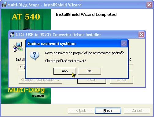 Obr. 11 Výsledek z vyhledávání starších ovladačů (v tomto případě jsou ovladače aktuální) Obr. 12 Požadavek systému na restart počítače - doporučeno restartovat (Ano / Yes) 7.2.2 VLASTNÍ INSTALACE PŘEVODNÍKU USB-RS 232 1.