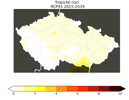 Tropické noci zanedbatelné změny výskytu tropických nocí na většině území ČR kromě výše zmíněných regionů počet nocí obecně stoupá pro vzdálenější období a pro scénář.