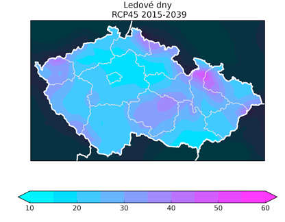 Ledové dny minimálním pokles pro oblast Středočeského kraje, střed Jihočeského kraje v okolí Vltavy, jih Moravy a oblast Moravské brány tedy teplejší oblasti, ve kterých je už v současnosti počet