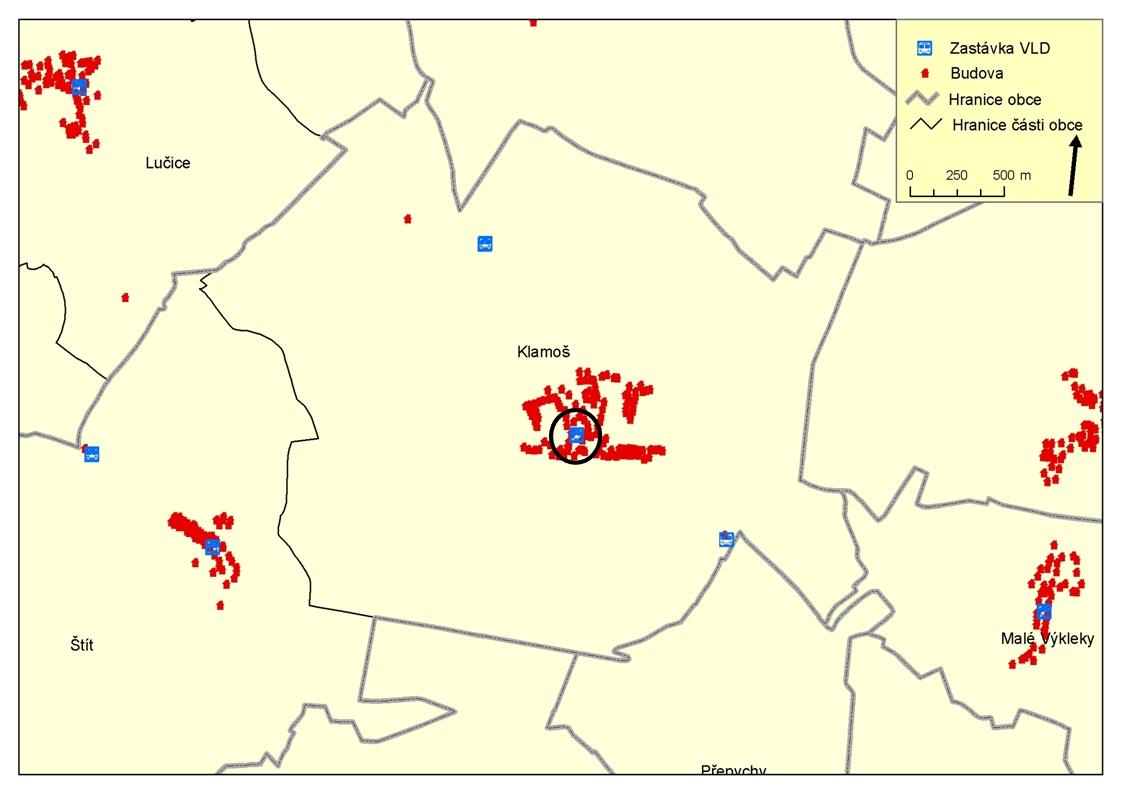 Obr. 1. Zastávky veřejné linkové dopravy V prvním kroku se vybíraly zastávky pro ty části obce, ve kterých se ţádná zastávka veřejné linkové dopravy nenachází.