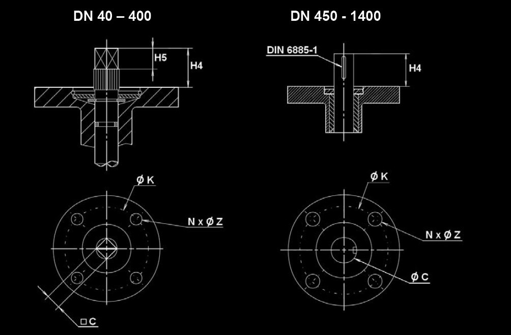 ISO MOUNTING PAD AND STEM SIZE (in mm) / ROZMĚRY MONTÁŽNÍCH PŘÍRUB A HŘÍDELŮ (v mm) : DN 40 50 65 80 100 125 150 200 250 300 350 400 H4 30 30 30 30 30 30 30 30 40 40 40 40 H5 17 17 17 17 17 17 17 17