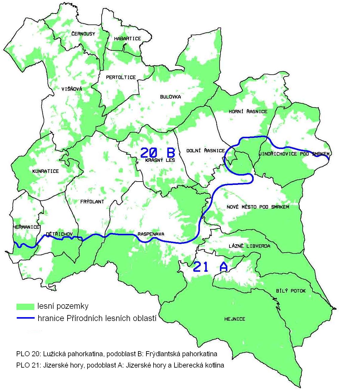 Obr. Orientační znázornění Přírodních lesních oblastí Zdroj: internetový mapový server ÚHÚL, vektorové podklady KÚLK ZÁKLADNÍ CHARAKTERISTIKY PŘÍRODNÍCH LESNÍCH OBLASTÍ PLO 20 - Lužická pahorkatina,
