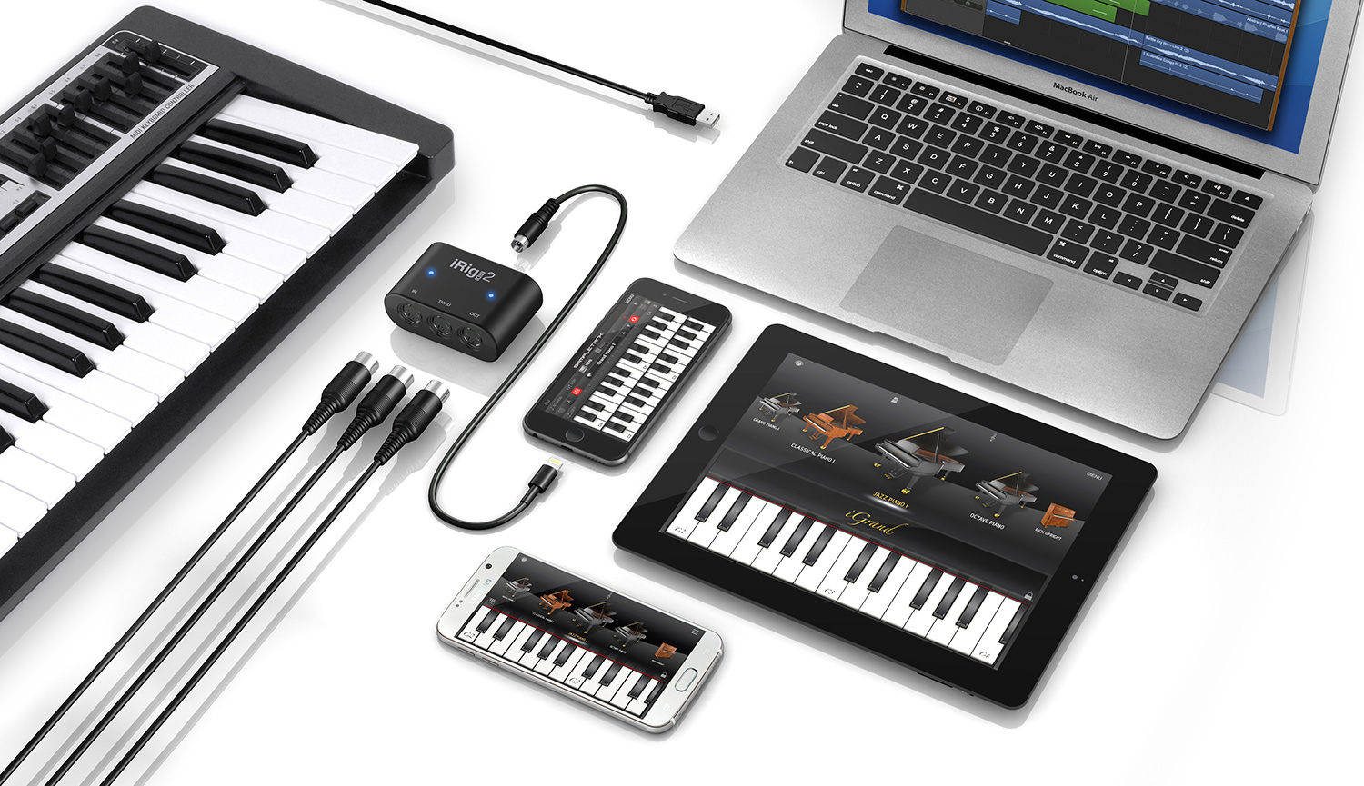 Například Korg PlugKEY mobilní MIDI/Audio nebo irig MIDI 2.