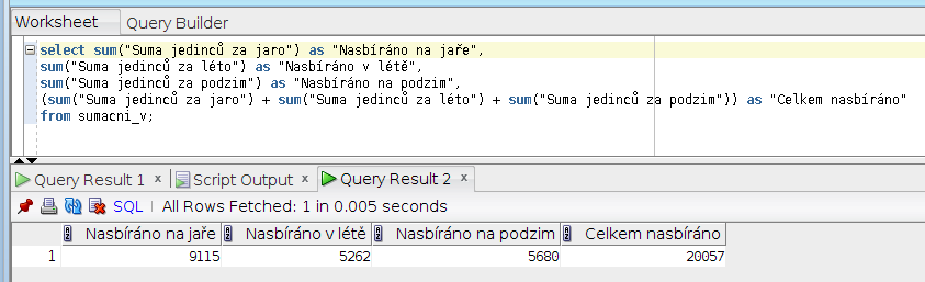 Obr. 4. Vytvoření pohledu na agregovaná data v jednotlivých lokalitách využitím funkce sum.