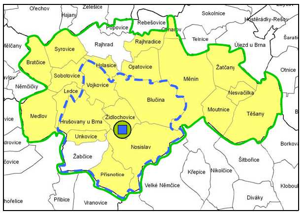 Obrázek 1: Mapa mikroregionu Židlochovicko Vzhledem k své poloze má vynikající předpoklady pro rozvoj urismu a cesovního ruchu.