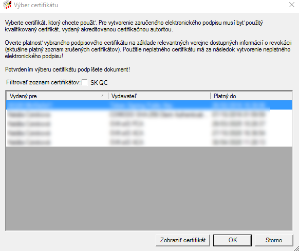 Zobrazia sa vám dostupné certifikáty.